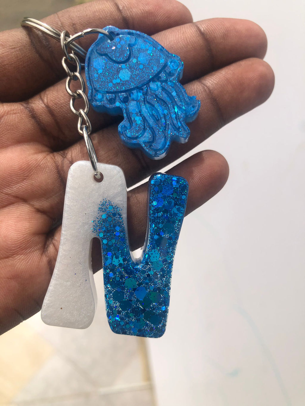 Handmade Resin Initial Keychain – Letter N Glitter Ombre with Jellyfish Charm