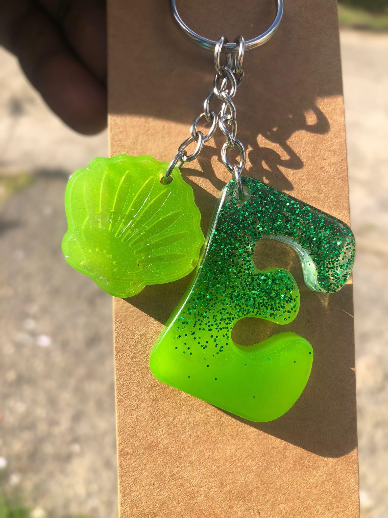 Custom Resin Alphabet Keychain - Emerald & Lime Gradient with Shell Charm