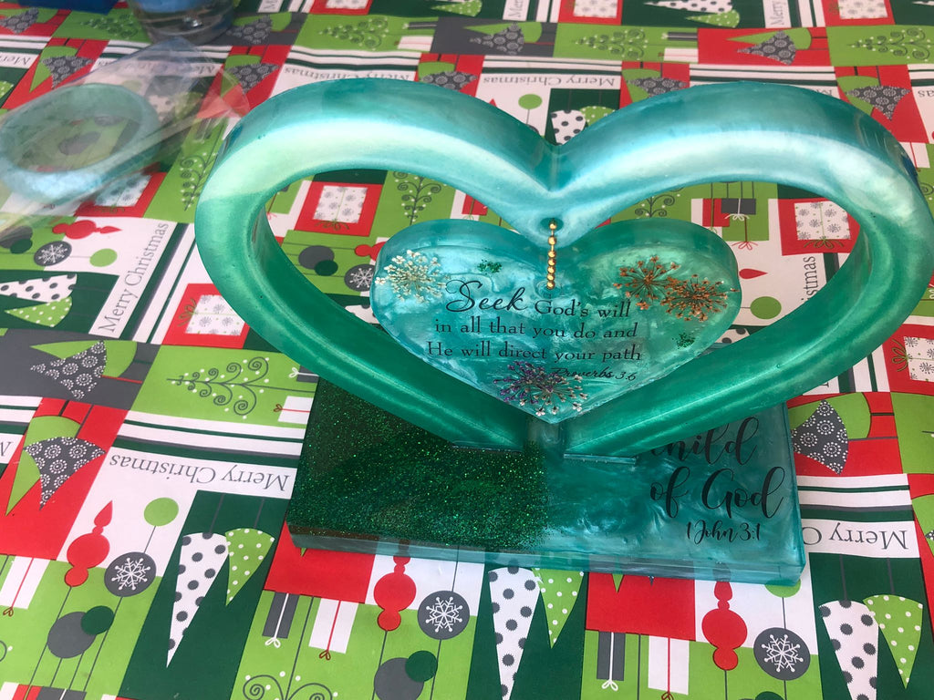 Handcrafted Teal Resin Double Heart Decor with Biblical Scripture
