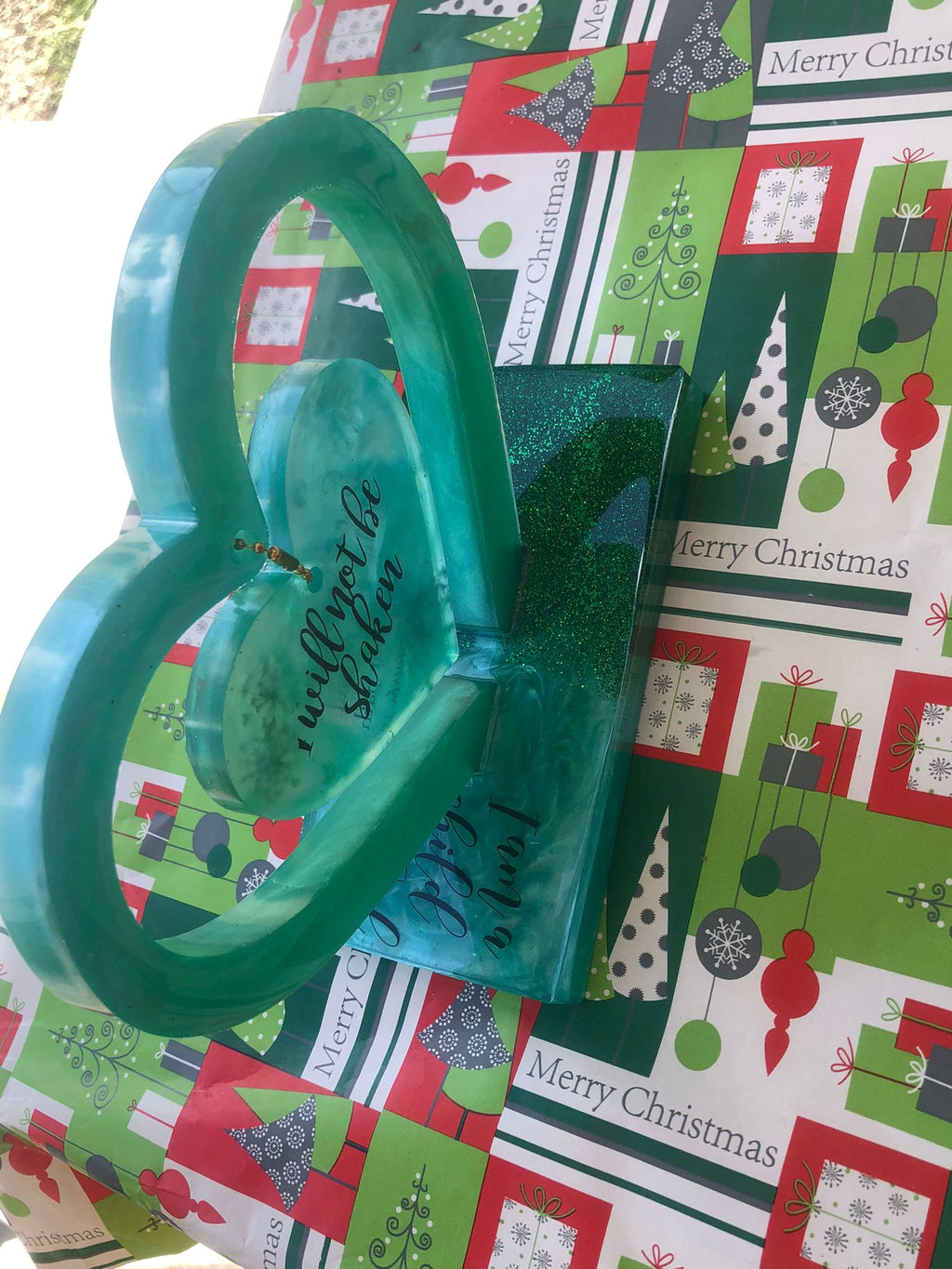 Handcrafted Teal Resin Double Heart Decor with Biblical Scripture